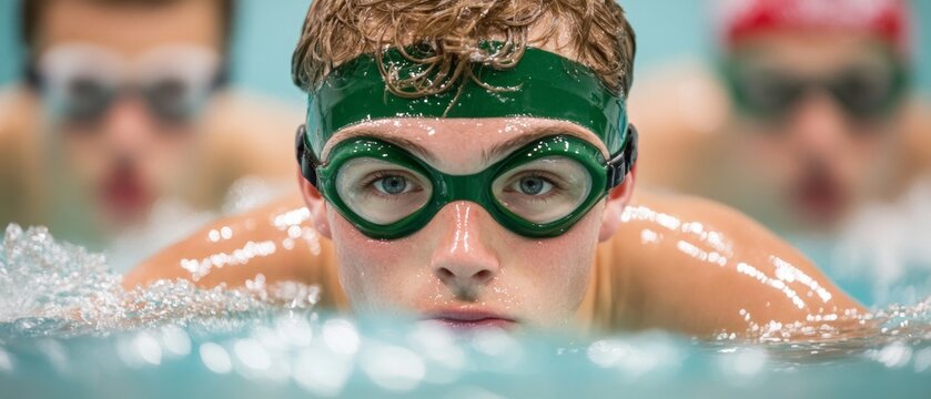 Elite Swim Gear Campaign Streamlined Dive from Starting Blocks - Precision Engineering and Sleek Designs for Competitive Aquatic Sportswear Promotion