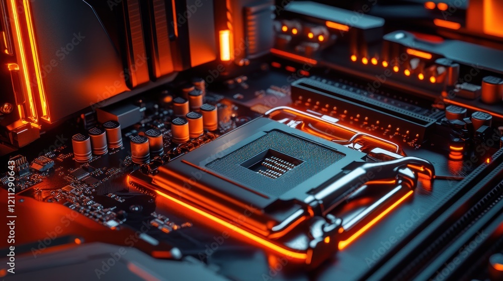 Poster close-up of a computer motherboard with cpu socket illuminated in orange