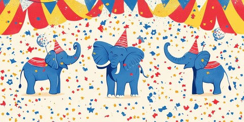 Three Festive Elephants Celebrate With Confetti And Party Hats