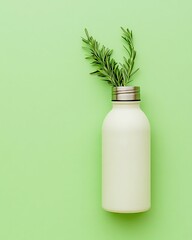 spring vibe Pastel Minimal Background Bottle with herb decoration on green surface