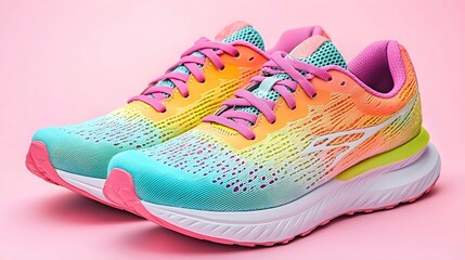 Vibrant Colorful Running Shoes on Pink Background, Generative AI.