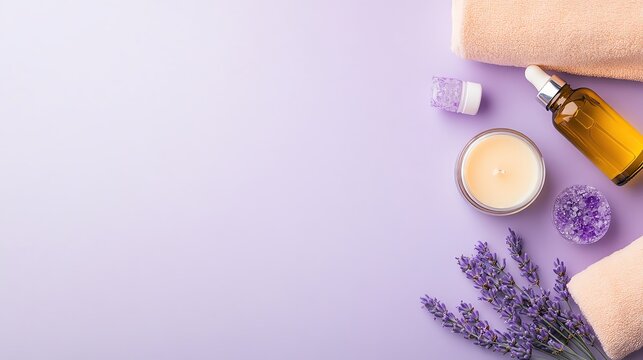 spring vibe Pastel Minimal Background Serene spa setup with lavender essentials.