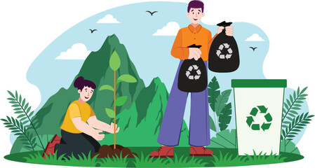 Environmental Awareness and Recycling Illustration Highlights ecofriendly recycling practices and environmental consciousness.