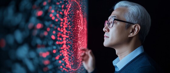 Cybersecurity Visualization South Korean IT Professional Engaged with Digital Interface - Advanced Threat Detection Systems and Secure Business Collaboration in Modern Tech Environments