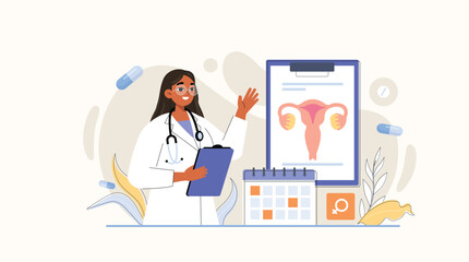 Female doctor illustration explaining uterus health to patient A female doctor educating a patient about uterus health in a medical consultation setting.