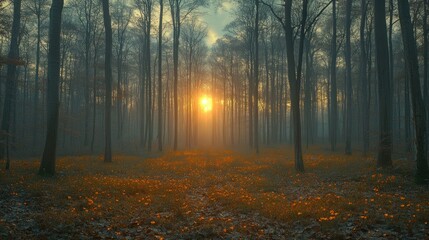 Enchanted Forest Sunset: A Misty Autumn Evening