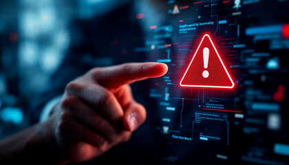 Businessperson Points to a Red Alert on a Futuristic Interface