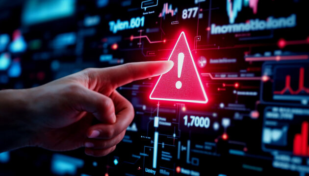 Businessperson Points to a Red Alert on a Futuristic Interface