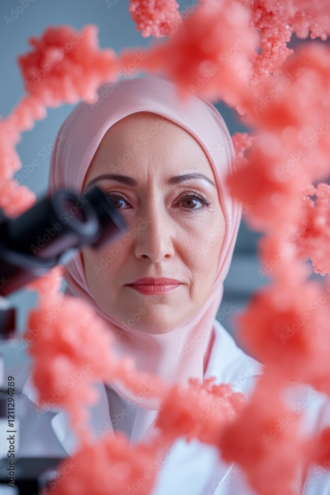 Aufkleber future of stem middle-aged latina woman in hijab engages in advanced microscope research - empowerin