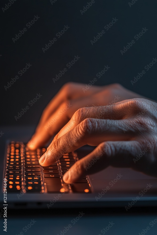 Poster Tech-Infused Workspace Hands Typing on Illuminated Keyboard in Minimalist Home Office - Enhancing Online Recruitment and Digital Communication in Modern Business