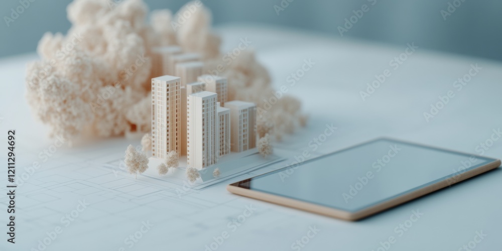 Poster minimalist architectural desk precision urban models with digital tablet blueprint - cutting-edge sm