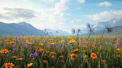 Vibrant Wildflower Meadow with Mountain View
