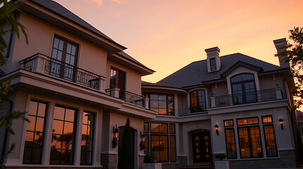 Fototapeta premium Luxury Dream Home at Sunset: A Majestic Architectural Masterpiece. This stunning residence boasts elegant design, grand facade, and breathtaking sunset views.