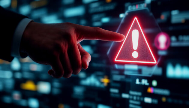 Businessperson Points to a Red Alert on a Futuristic Interface