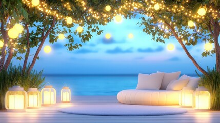 Fototapeta premium A charming outdoor nook with cushioned seating, a soft rug, and glowing lanterns, creating a cozy atmosphere for reading or enjoying quiet moments.