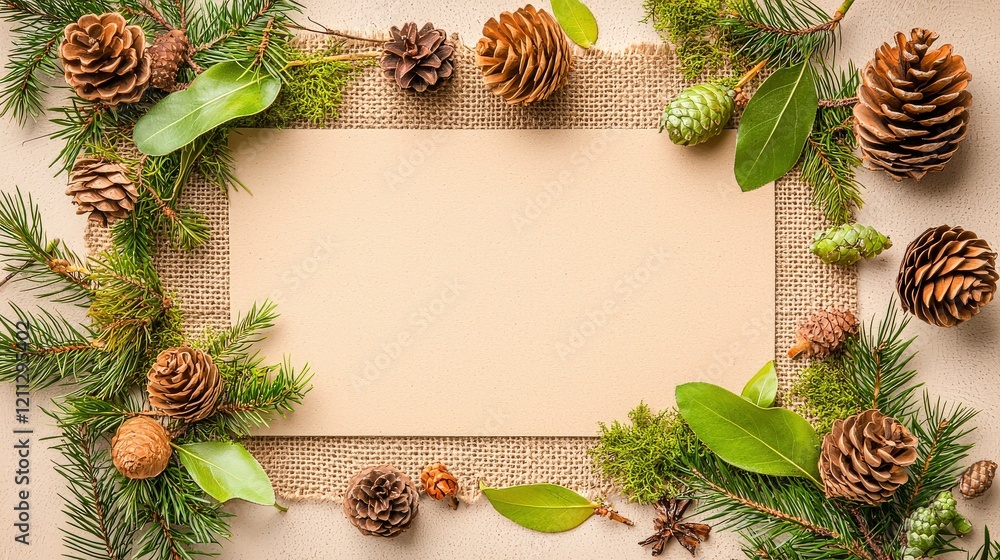 Poster a charming rustic border made of twigs, pinecones, and moss surrounding a blank space for text on a 