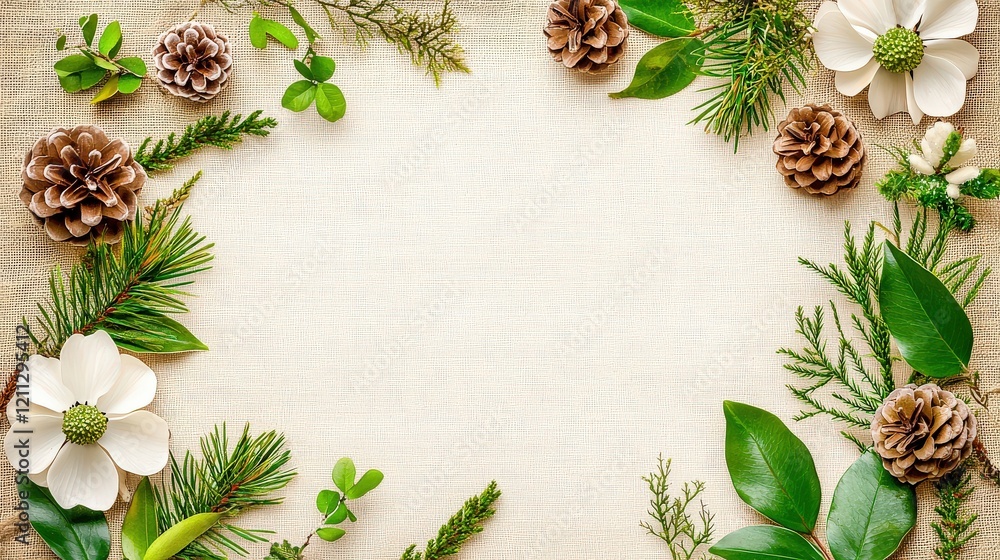 Poster a charming rustic border made of twigs, pinecones, and moss surrounding a blank space for text on a 