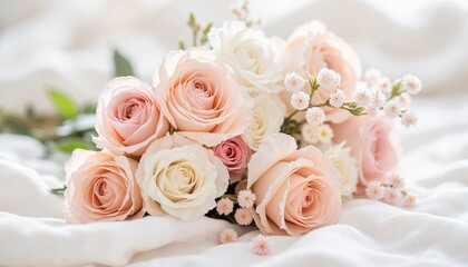 Stunning bouquet of delicate pastel pink roses with white centers on soft white fabric background