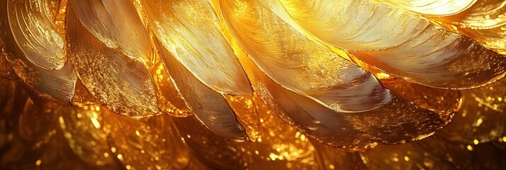 Naklejka premium Luxurious abstract texture featuring an intricate golden surface with layered, fan-like patterns. Warm glowing golden tones create a rich, radiant aesthetic