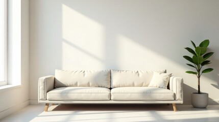 Sunlight Illuminates a Minimalist Living Room Featuring a Light Beige Sofa and a Potted Plant