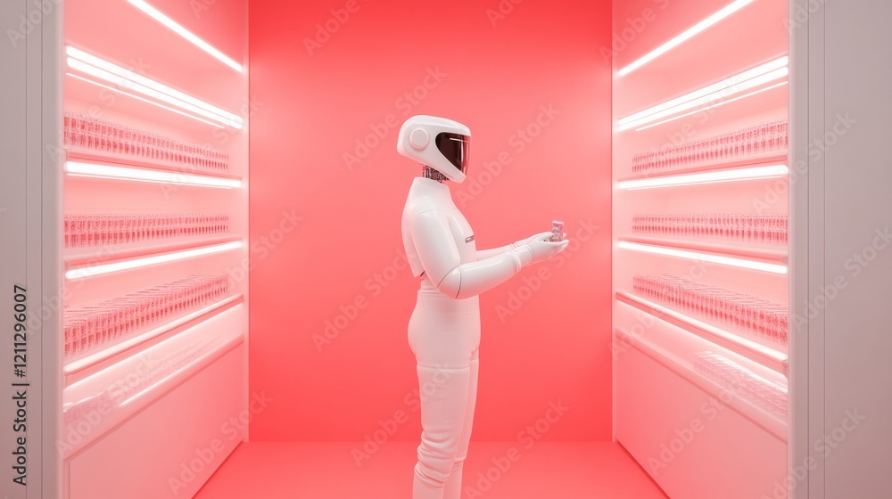 Aufkleber futuristic automated retail space white robotic assistant stocking illuminated shelves in seoul mini