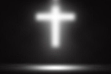 Obraz premium Radiant spotlight illuminates a cross on the stage, creating a serene background symbolizing faith.