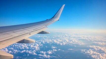 Fototapeta premium Airplane wing above clouds, aerial view, travel.