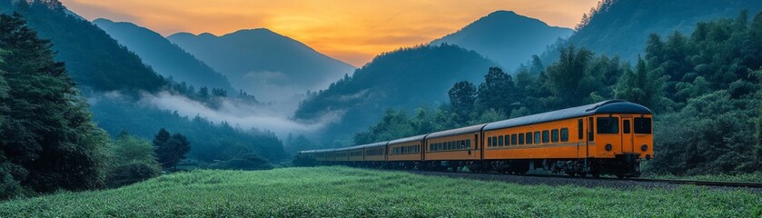 Obraz premium Scenic train journey through lush mountains serene landscape travel adventure nature sunrise viewpoint experience tranquility