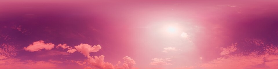 360 panorama of glowing sunset sky with bright Cirrus clouds. Seamless hdr spherical 360 panorama. Sky dome in 3D visualization, sky replacement for aerial drone panoramas. Weather and climate change