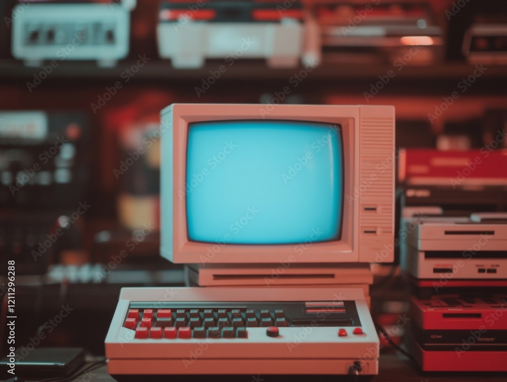 Poster nostalgic gaming display retro crt tv with 8-bit graphics and classic consoles for vintage entertain