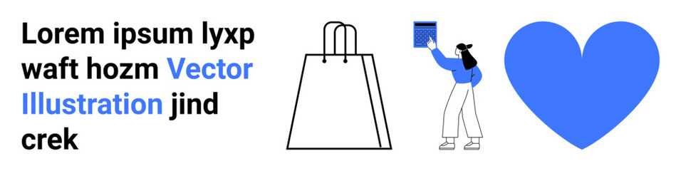 Man holding a book next to a shopping bag and a large blue heart shape. Ideal for online shopping, e-commerce, education, love, lifestyle, advertisement, and branding. Landing page