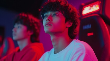 Obraz premium Neon Retro Gaming Experience Asian Male Gamer with Classic Joystick and CRT Monitor - Nostalgic Digital Marketing and Vintage Event Promotion for Engaged Audiences