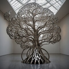 A stainless steel tree with intricate latticework, standing in a modern art gallery.