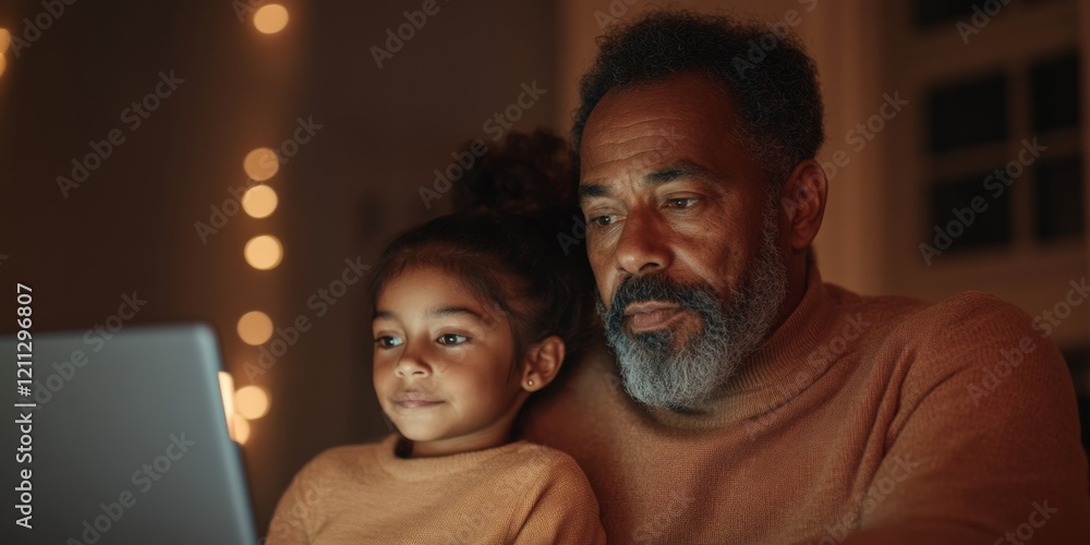 Poster warm tech-infused home workspace indian father and daughter with laptops in cozy lighting - blending