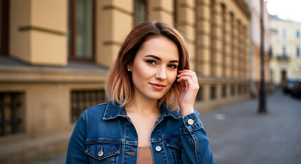 Obraz premium Candid Portrait of Blonde Woman with Fashionable Casual Style in City 