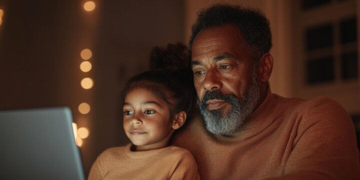 Warm Tech-Infused Home Workspace Indian Father and Daughter with Laptops in Cozy Lighting - Blending Remote Work Innovation with Family Learning Dynamics