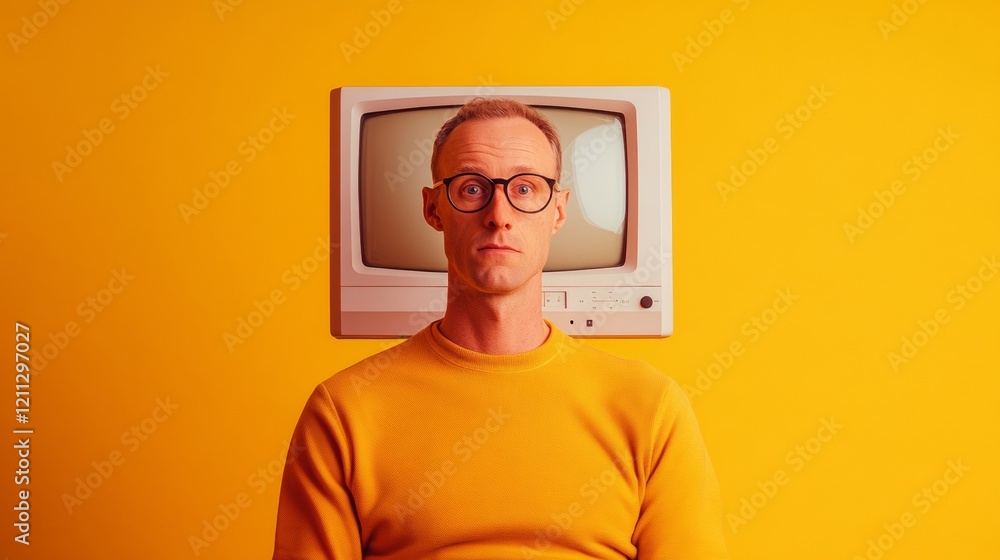 Poster digital retro nostalgia caucasian male immersed in crt monitor glow for trendy content creation and 