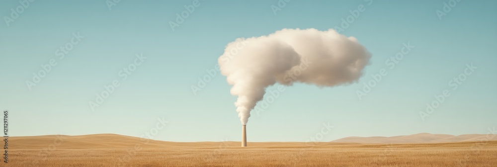 Poster minimalist environmental visualization single smokestack with clean white smoke in open landscape - 