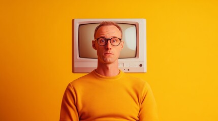 Digital Retro Nostalgia Caucasian Male Immersed in CRT Monitor Glow for Trendy Content Creation and Emotional Marketing in Tech-Driven Industries