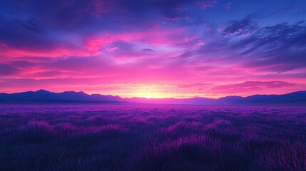 Obraz premium A high-resolution HDRI sky dome at twilight, with deep shades of purple and blue blending into the horizon, illuminating a peaceful natural setting under a soft, glowing sky.