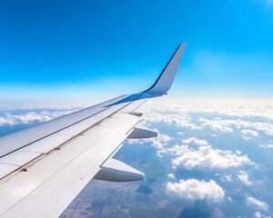 Obraz premium Airplane wing above clouds, travel, flight.