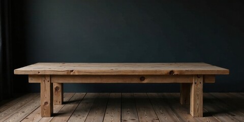 Rustic Wooden Table Against a Dark Wall, Perfect for Displaying Products or Creating a Minimalist Setting