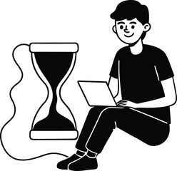 A person man sitting on the floor with a laptop in front vector illustration, a young man sitting on the floor with a laptop in front silhouette or line art vector 