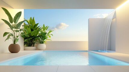Fototapeta premium A minimalist pool design featuring a waterfall edge, surrounded by tall greenery for privacy and tranquility.