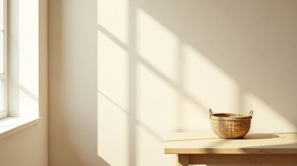 Sunlight illuminates a simple wooden table with a woven basket, creating a serene and minimalist interior scene.