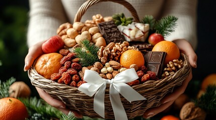 Woman holding a wicker basket filled with assorted nuts, dried fruits, chocolates, and oranges.