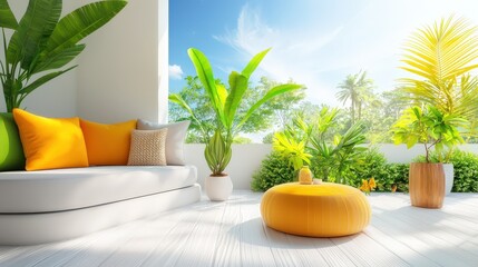 A sunny backyard with a comfortable outdoor sofa, colorful cushions, and a lush garden, offering a relaxing space for summer lounging and gatherings.