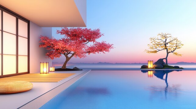A traditional ese pool with tatami mats, bonsai trees, and lanterns providing soft lighting, creating a perfect zen retreat.