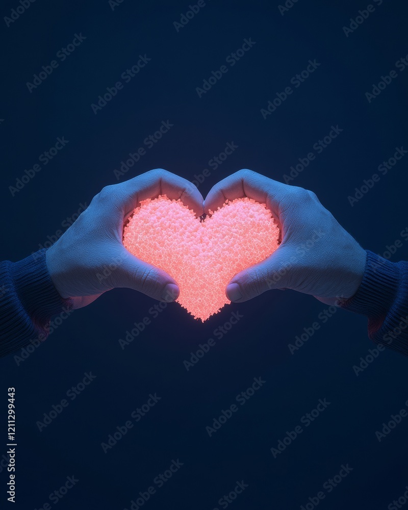 Leinwandbilder Neon Pixel Art Digital Hands Forming Holographic Heart - Crypto Unity and Blockchain Collaboration in Cutting-Edge Tech Marketing