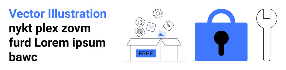 Box of digital icons labeled FREE being unpacked, with a blue security lock and wrench beside it. Ideal for tech, security, unpacking tools, software, freeware, customization, maintenance promotion